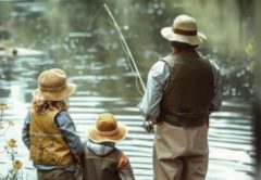 A father in a sun hat and waders fishing a tree lined river while two young children in straw hats watch from the bank