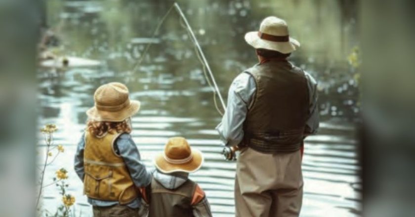A father in a sun hat and waders fishing a tree lined river while two young children in straw hats watch from the bank