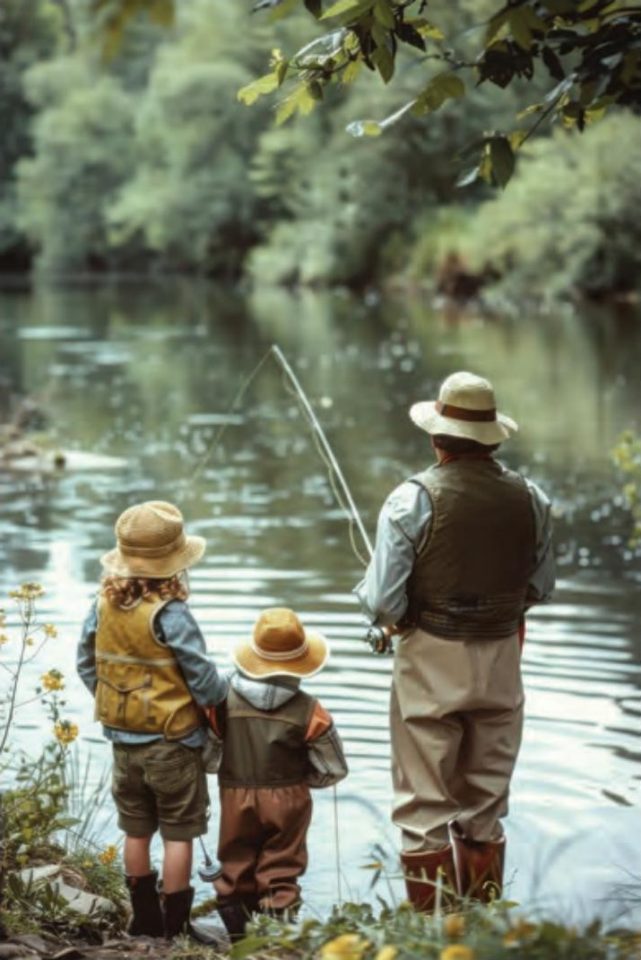A father in a sun hat and waders fishing a tree lined river while two young children in straw hats watch from the bank