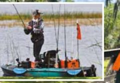 An angler standing and casting from a fishing kayak on a grassy lake, inset over a kayak on a stand loaded with a cooler, a safety flag, a paddle, and gear