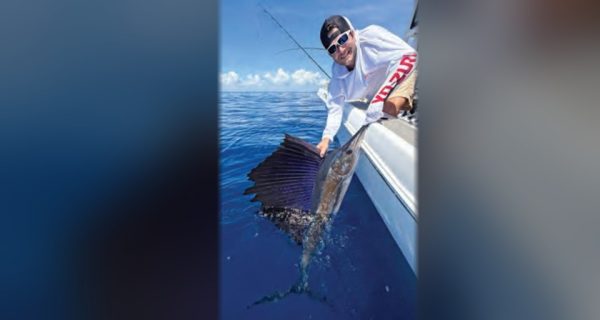 An angler leaning over the side of a boat to release a sailfish