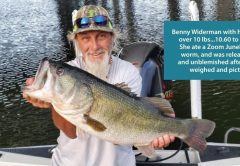 Benny Widerman holding his first bass over 10 pounds, a 10.60 pound largemouth that ate a Zoom Junebug trick worm and was released