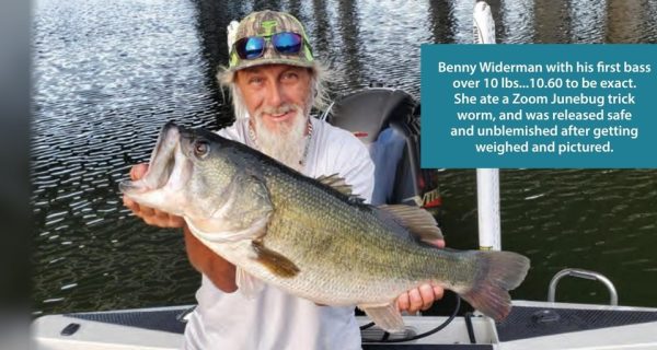 Benny Widerman holding his first bass over 10 pounds, a 10.60 pound largemouth that ate a Zoom Junebug trick worm and was released