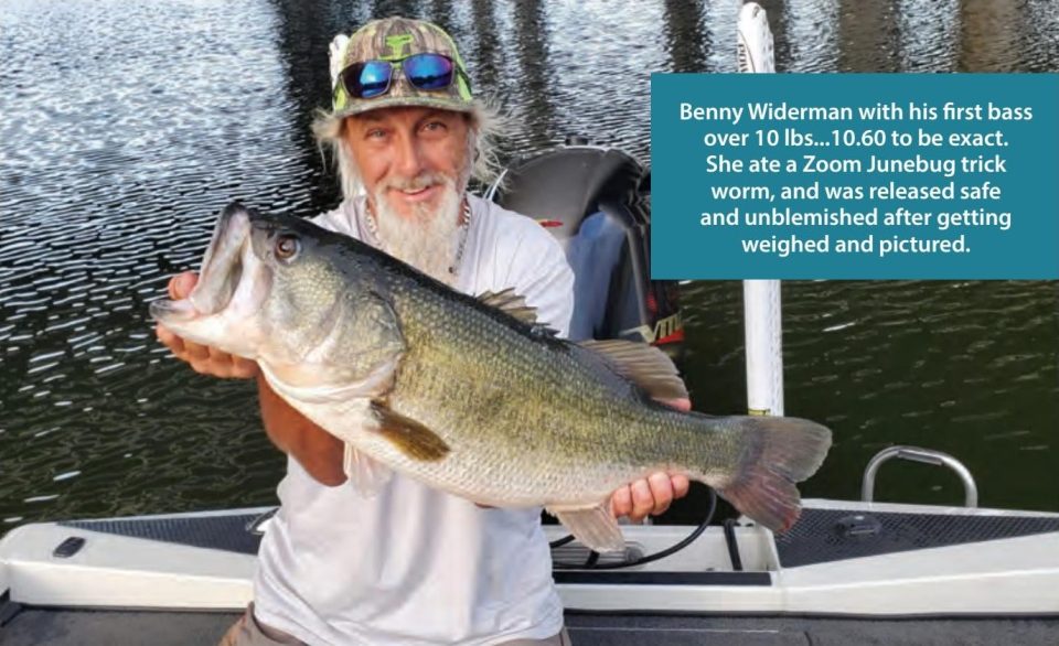 Benny Widerman holding his first bass over 10 pounds, a 10.60 pound largemouth that ate a Zoom Junebug trick worm and was released