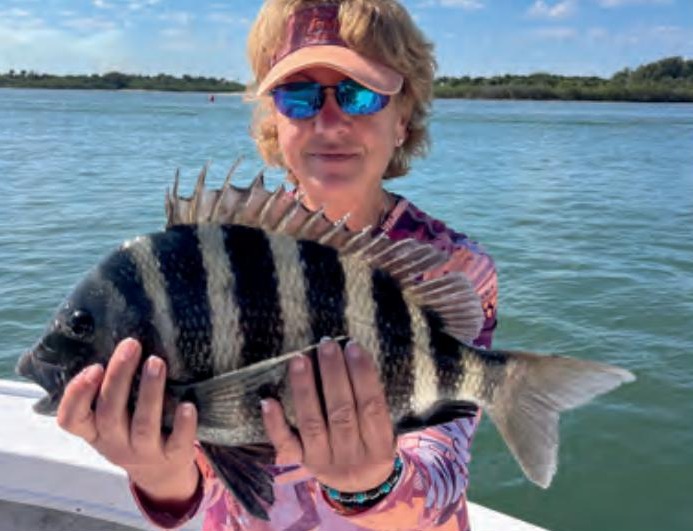 A woman in a visor and sunglasses holding a big sheepshead on a boat