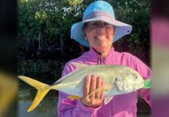 An angler in a blue sun hat holding a jack crevalle in front of the mangroves
