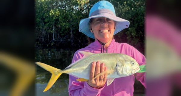An angler in a blue sun hat holding a jack crevalle in front of the mangroves
