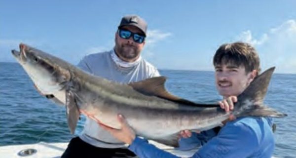 Two anglers holding a big cobia on the deck of a boat