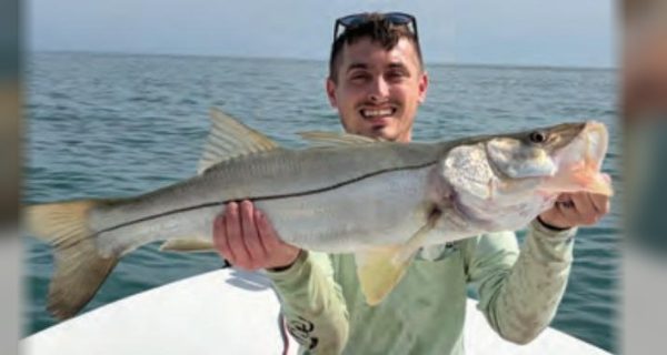 Angler holding a snook on a Yellow Dawg Fishing charter near Ponce Inlet